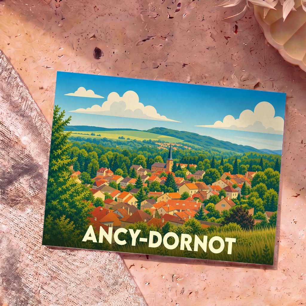 Carte postale souvenir de la commune d'Ancy-Dornot présentant une illustration stylisée du village niché dans une vallée verdoyante.