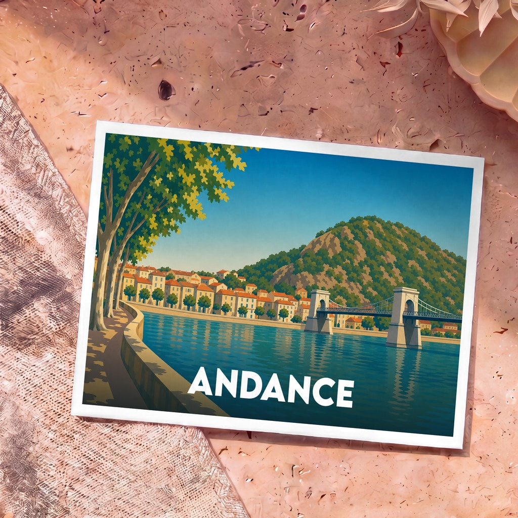 Carte postale souvenir de la ville d'Andance avec une illustration stylisée de son pont suspendu et du Rhône.