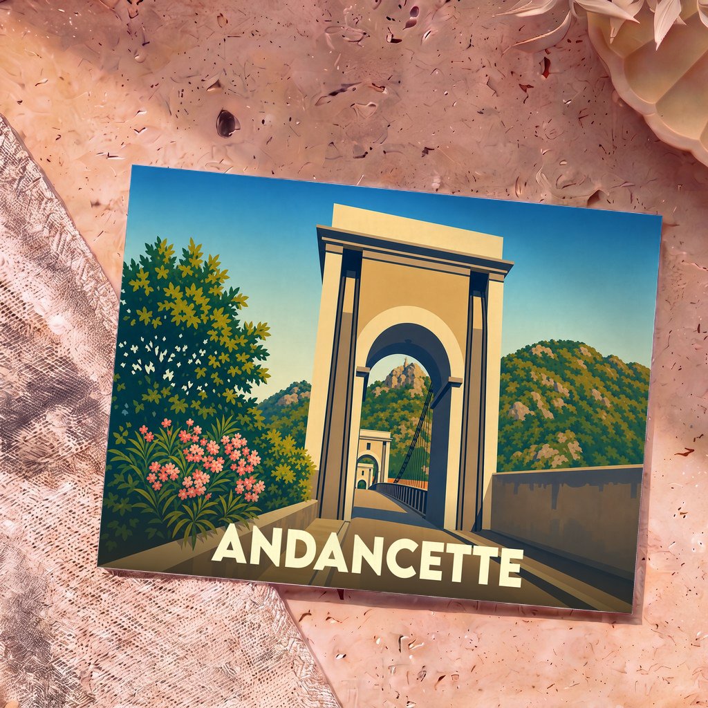 Carte postale souvenir de la ville d'Andancette avec une illustration stylisée de son pont suspendu.