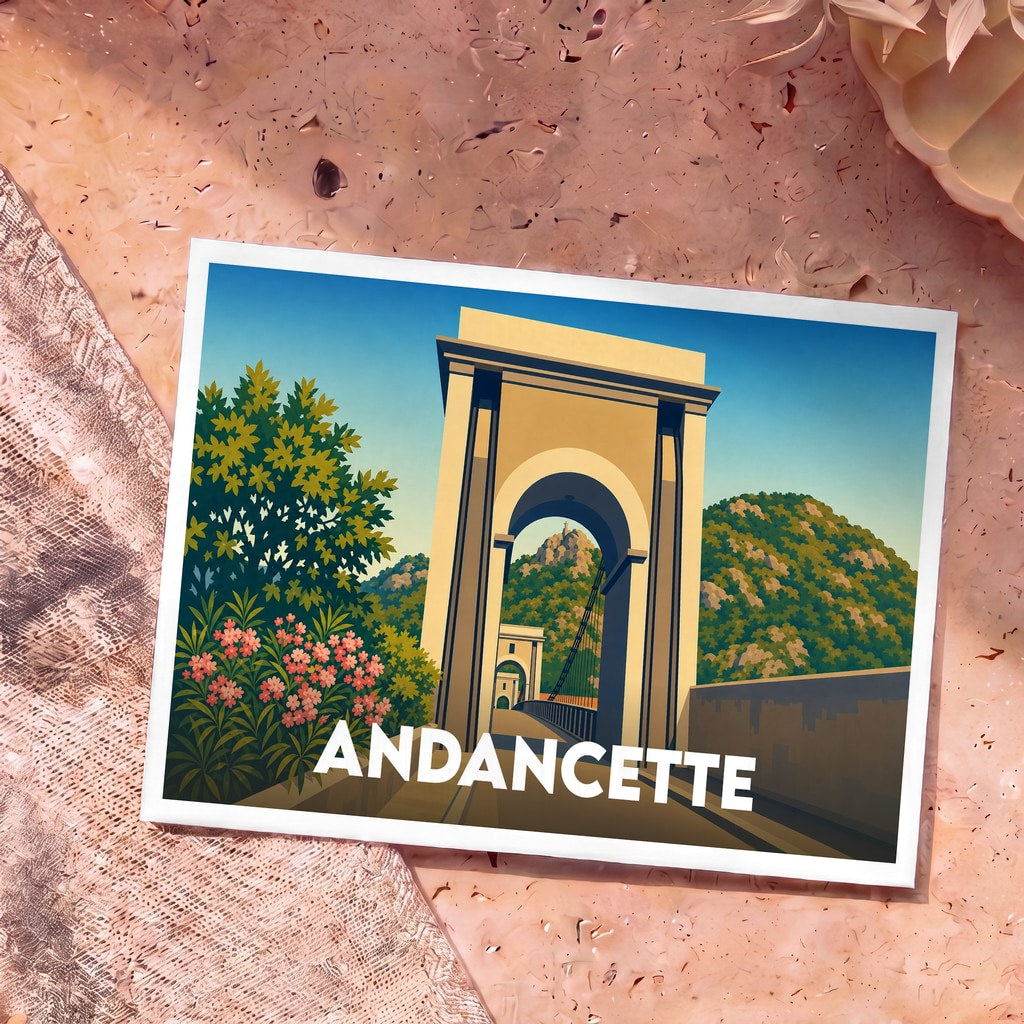 Carte postale souvenir de la ville d'Andancette avec une illustration stylisée de son pont suspendu.