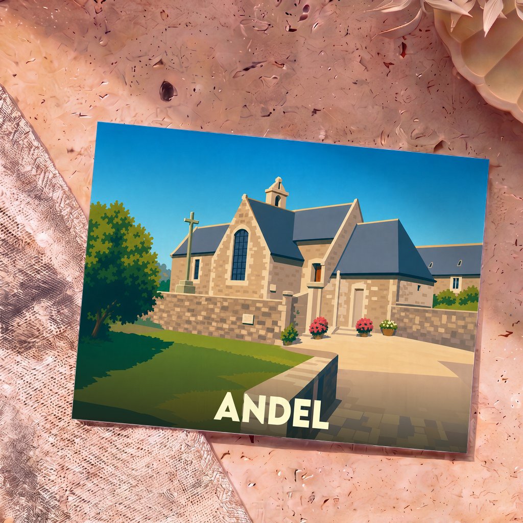 Carte postale souvenir de la ville d'Andel avec une illustration stylisée d'une église en pierre.