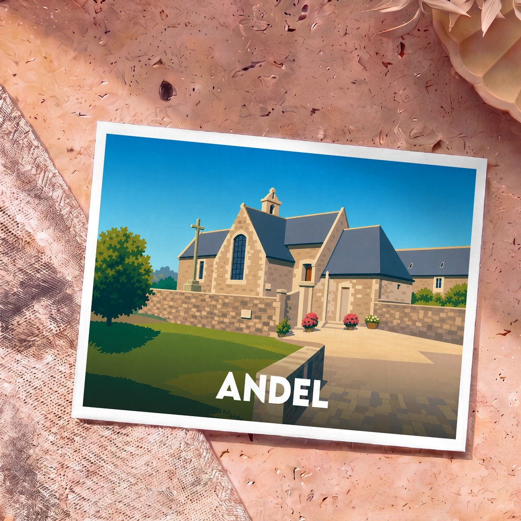 Carte postale souvenir de la ville d'Andel avec une illustration stylisée d'une église en pierre.