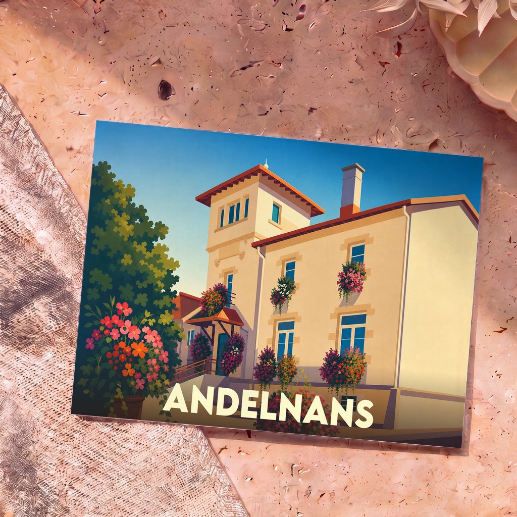 Carte postale souvenir de la ville d'Andelnans avec une illustration colorée et fleurie d'une maison de maître.