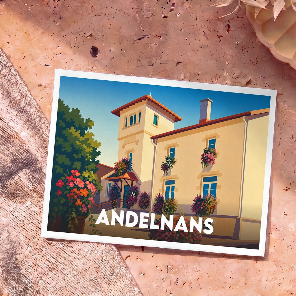 Carte postale souvenir de la ville d'Andelnans avec une illustration colorée et fleurie d'une maison de maître.