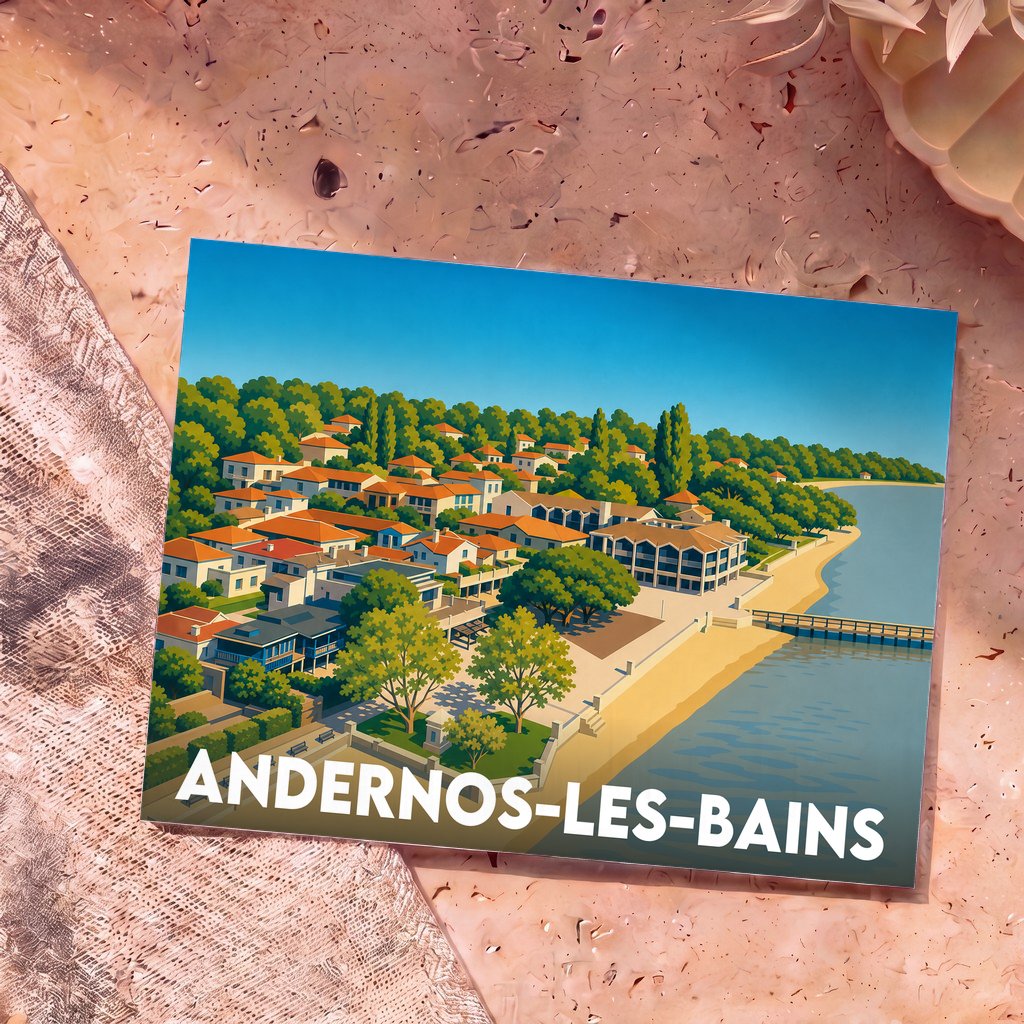 Carte postale souvenir de la ville d'Andernos-les-Bains avec une illustration stylisée de son front de mer.