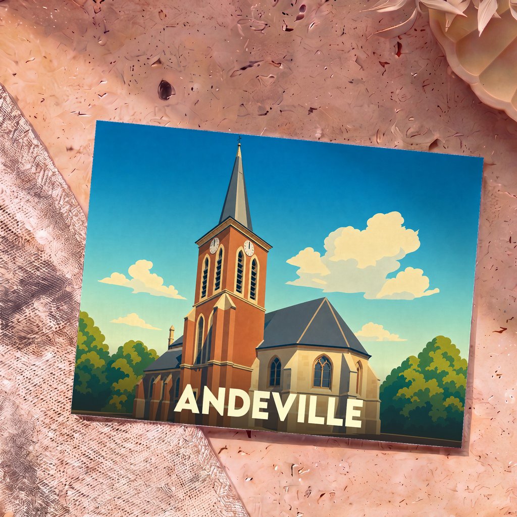 Carte postale souvenir de la ville d'Andeville avec une illustration stylisée de son église sous un ciel bleu.