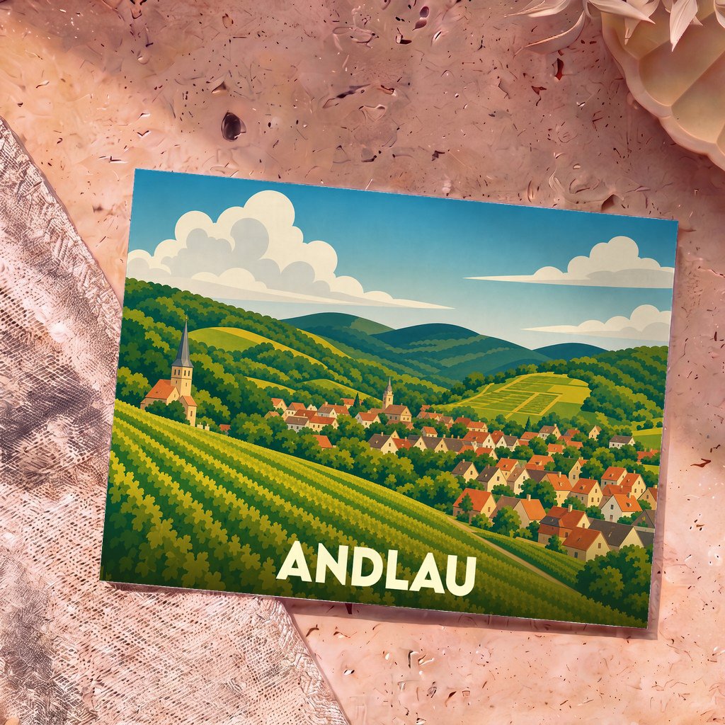 Carte postale souvenir de la ville d'Andlau avec une illustration stylisée de son village niché entre vignes et collines.