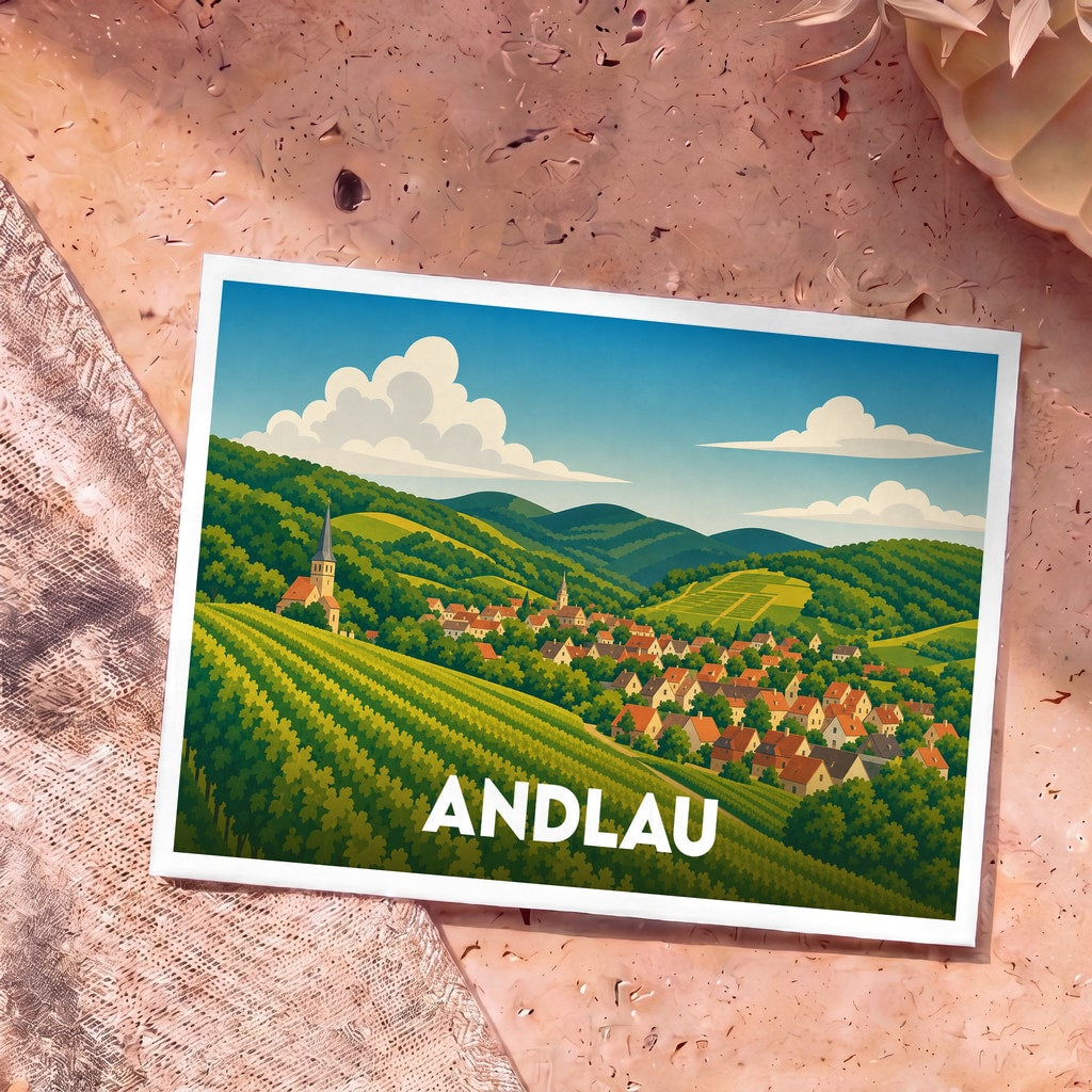 Carte postale souvenir de la ville d'Andlau avec une illustration stylisée de son village niché entre vignes et collines.