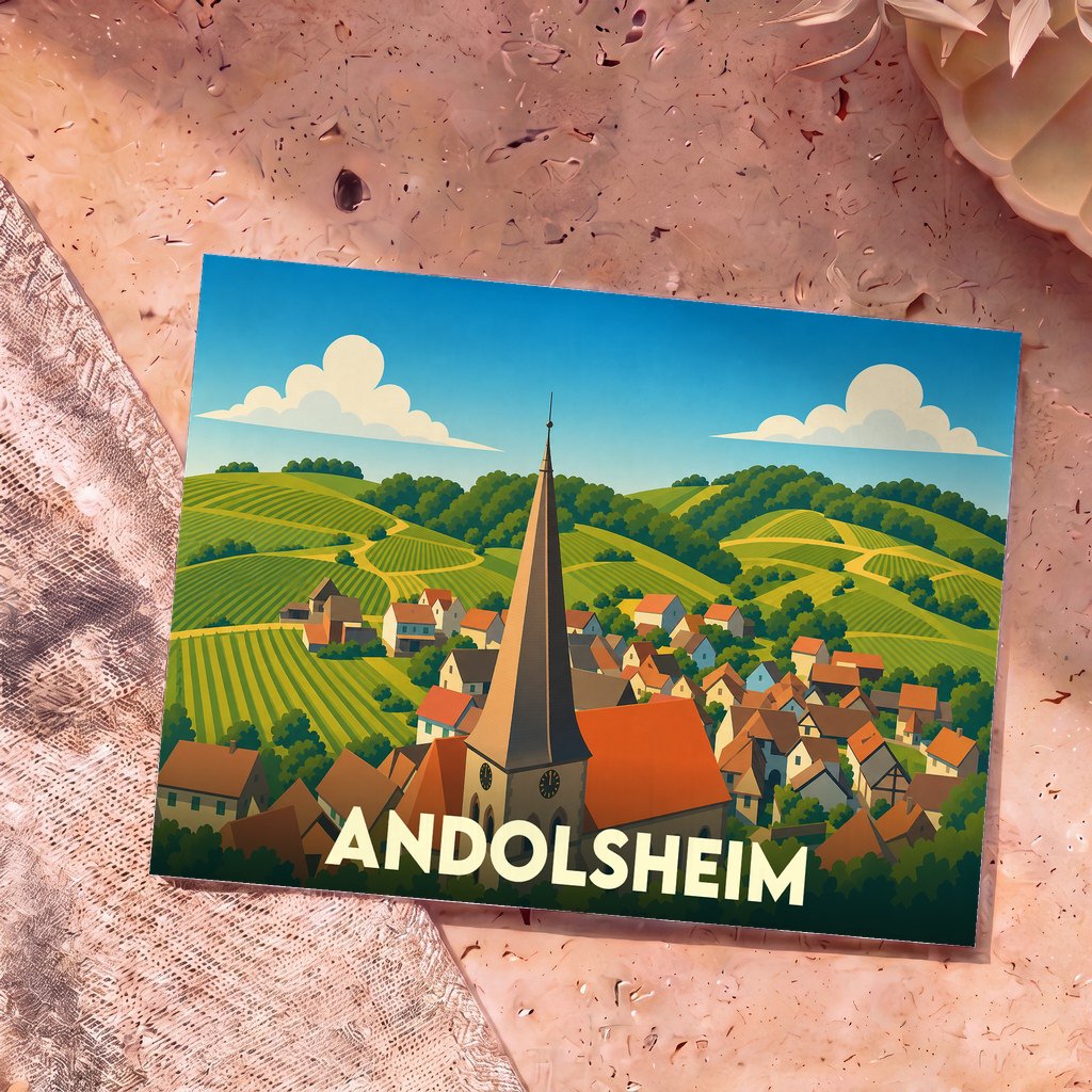 Carte postale souvenir de la ville d'Andolsheim avec une illustration stylisée d'un village alsacien niché dans les collines.