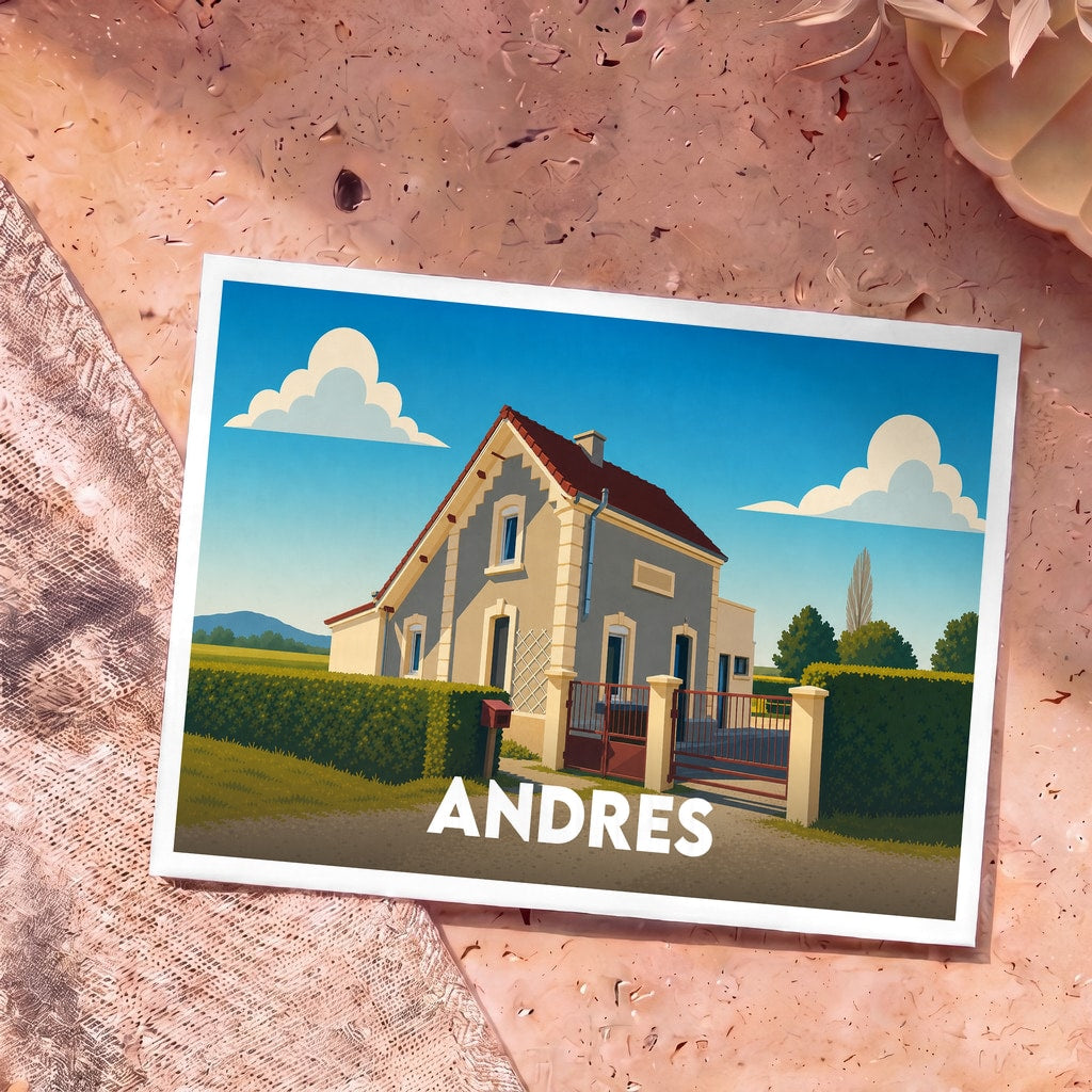 Carte postale souvenir de la ville d'Andres avec une illustration stylisée d'une maison de campagne.