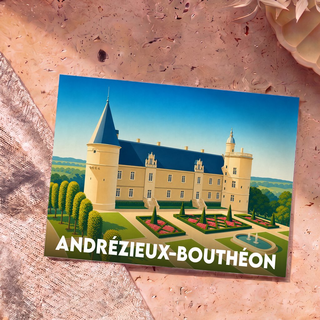 Carte postale souvenir de la ville d'Andrézieux-Bouthéon illustrant son château et ses jardins à la française dans un style graphique épuré.