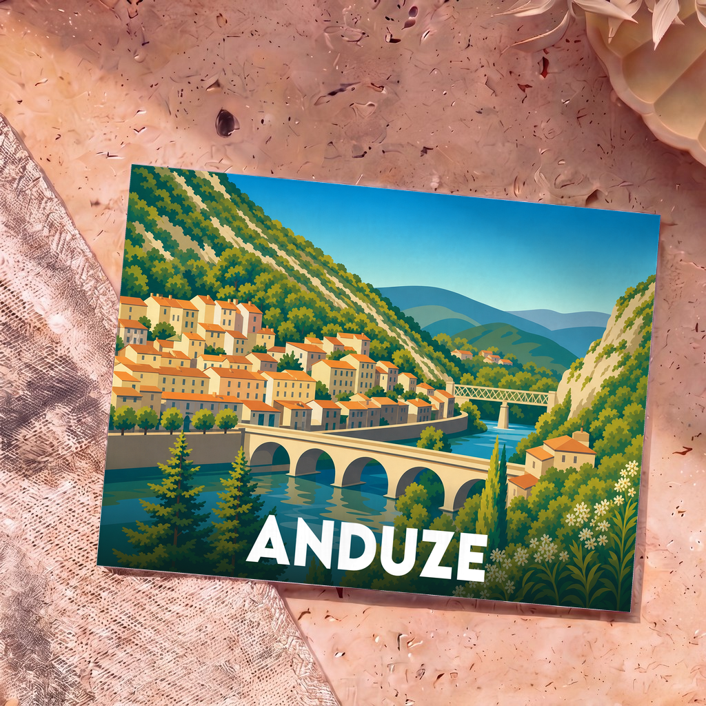 Carte postale souvenir de la ville d'Anduze avec une illustration stylisée de ses ponts et de son paysage montagneux.