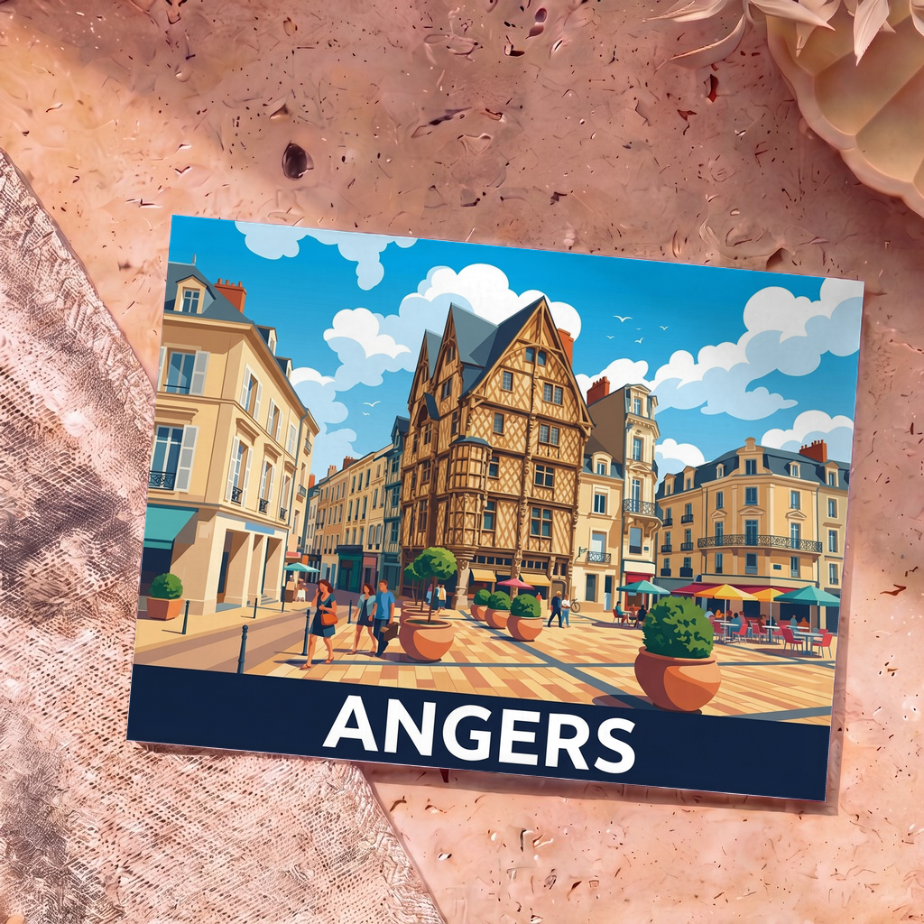 Carte postale souvenir de la ville d'Angers avec une illustration stylisée et colorée de la Maison d'Adam.