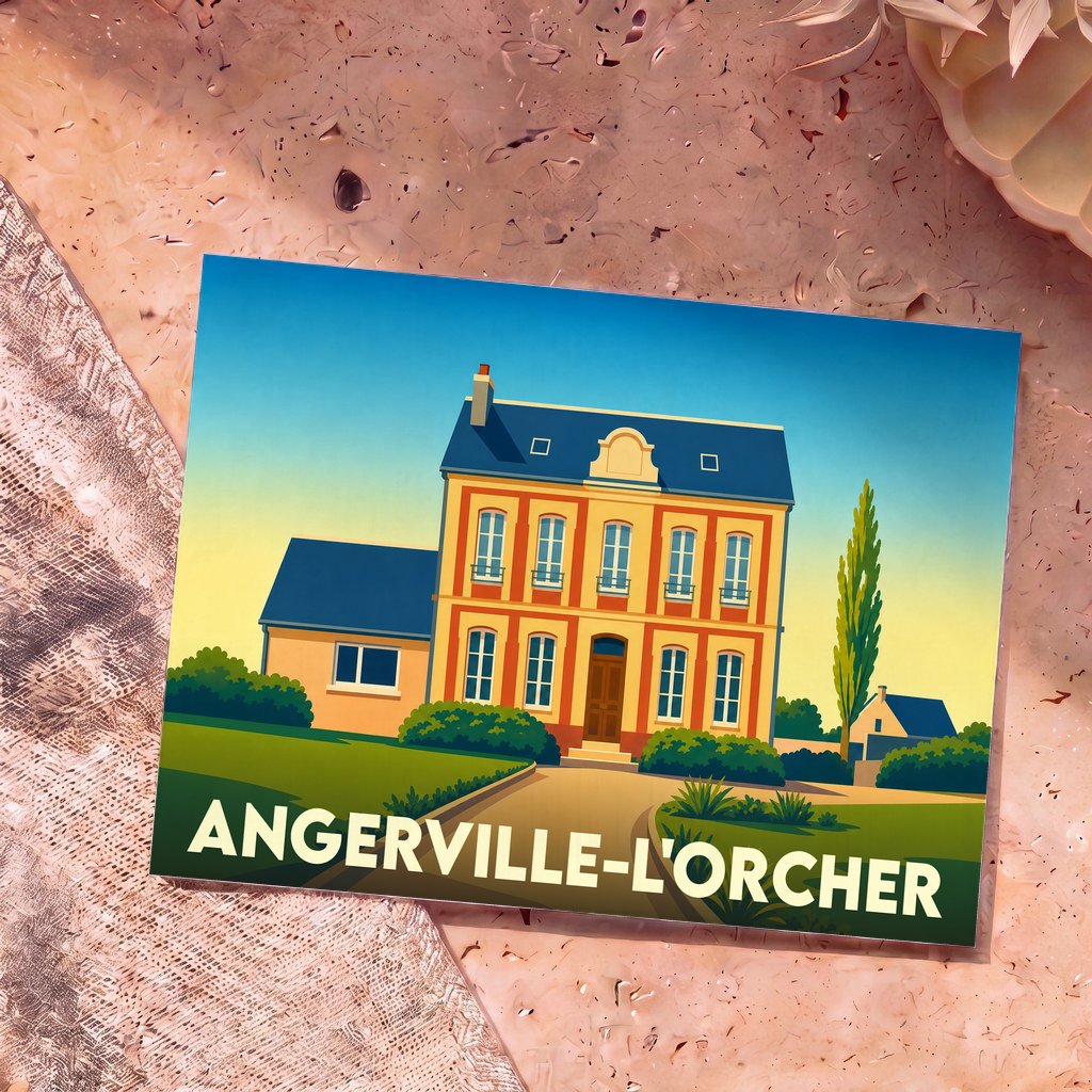 Carte postale souvenir de la ville de Angerville-l'Orcher avec une illustration stylisée d'une grande demeure.