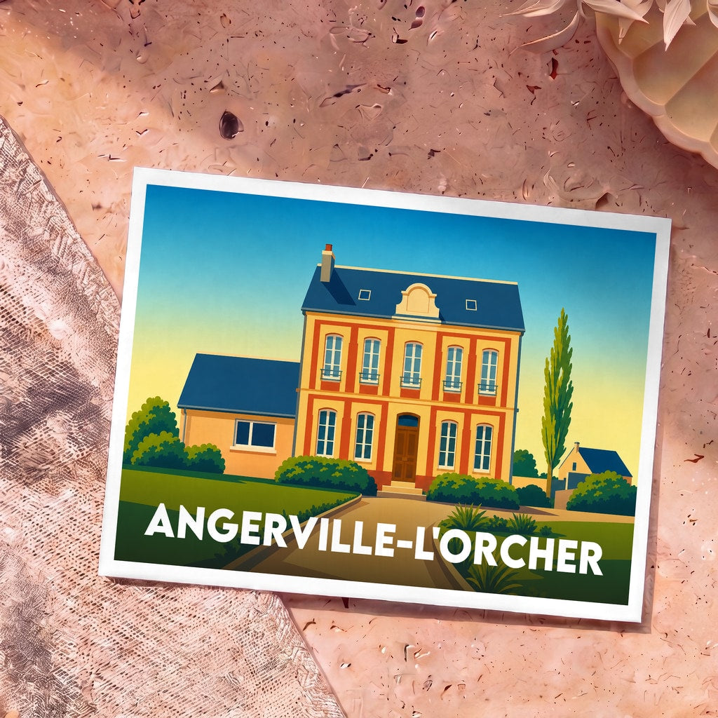Carte postale souvenir de la ville de Angerville-l'Orcher avec une illustration stylisée d'une grande demeure.