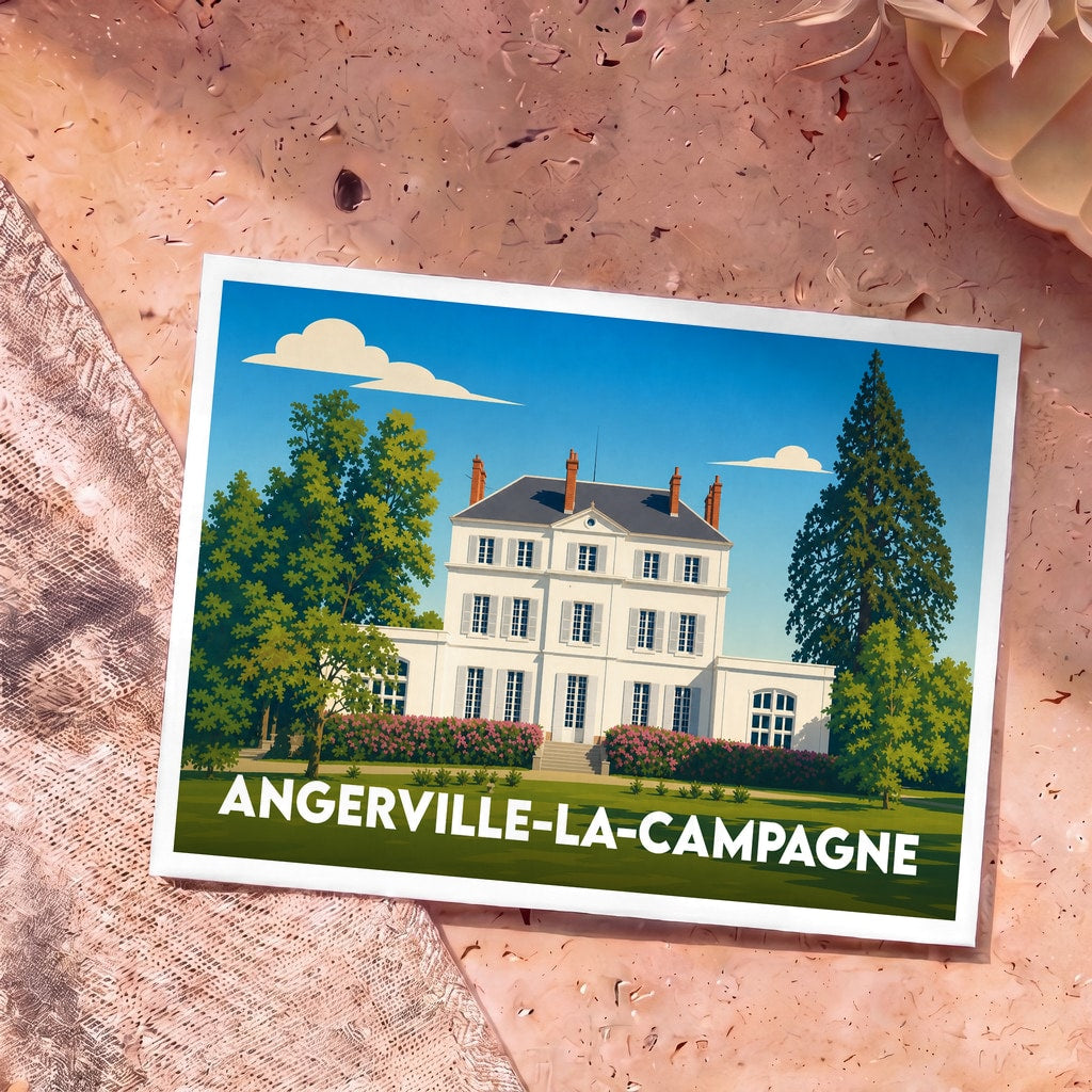Carte postale souvenir de la ville d'Angerville-la-Campagne avec une illustration stylisée de son château.