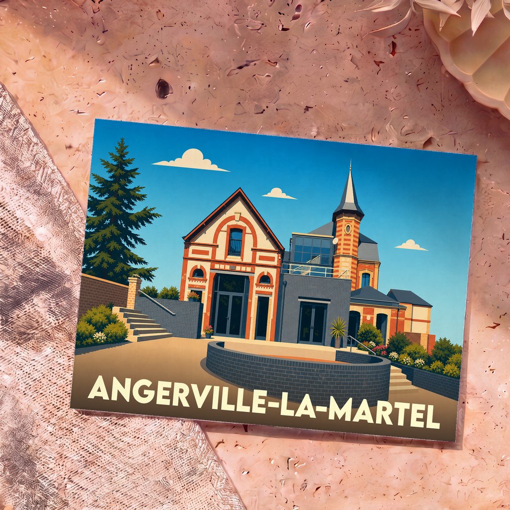Carte postale souvenir de la ville d'Angerville-la-Martel avec une illustration stylisée d'un bâtiment remarquable.