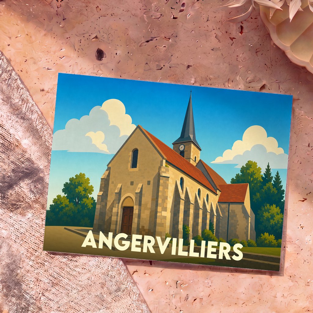 Carte postale souvenir de la ville d'Angervilliers avec une illustration stylisée de son église.