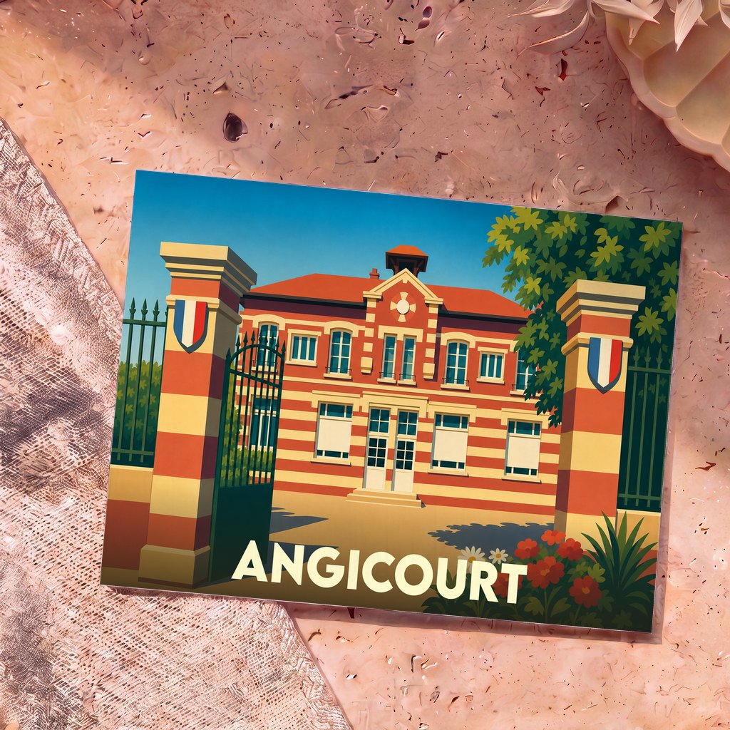 Carte postale souvenir de la ville d'Angicourt avec une illustration stylisée d'un bâtiment remarquable.