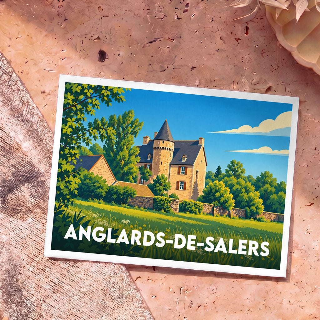Carte postale souvenir de la ville d'Anglards-de-Salers illustrant un château entouré de verdure dans un style graphique.