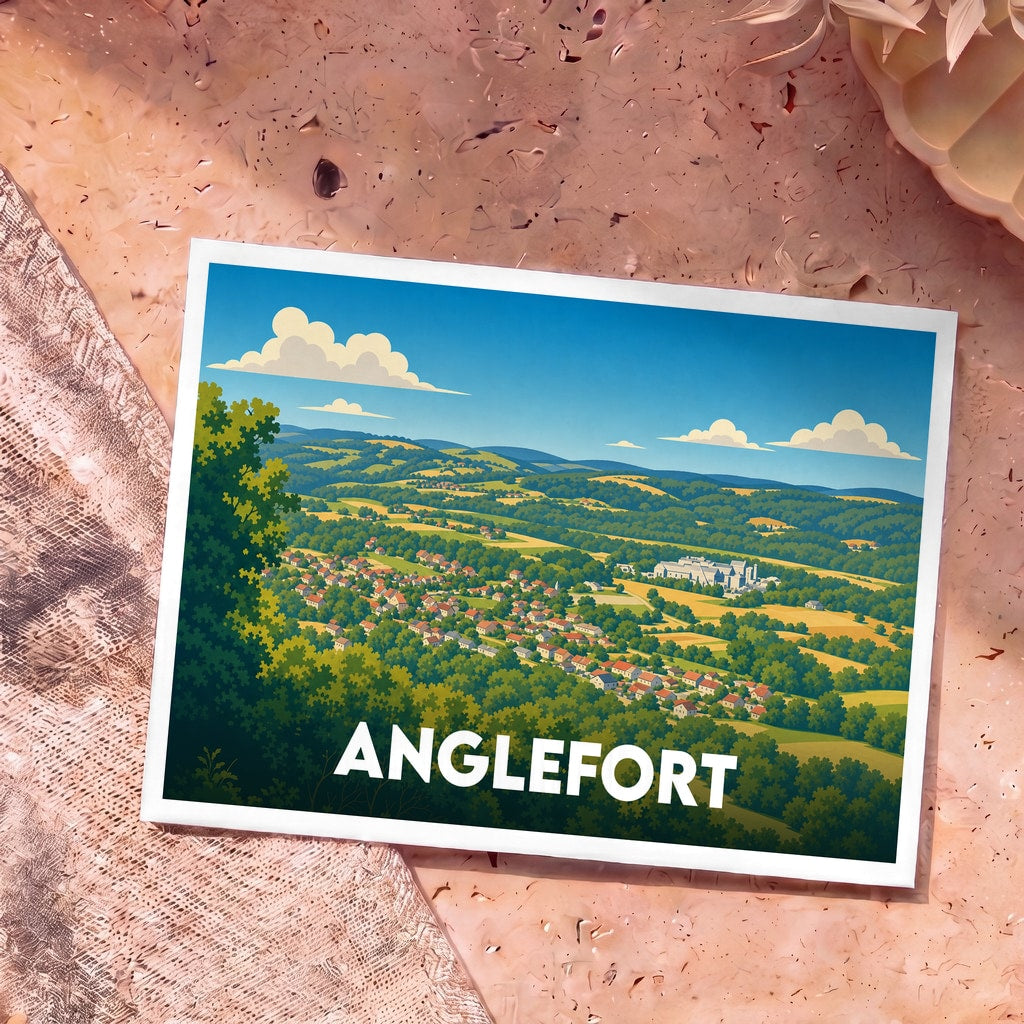 Carte postale souvenir de la ville d'Anglefort illustrant un paysage de campagne vallonné avec ses maisons typiques.