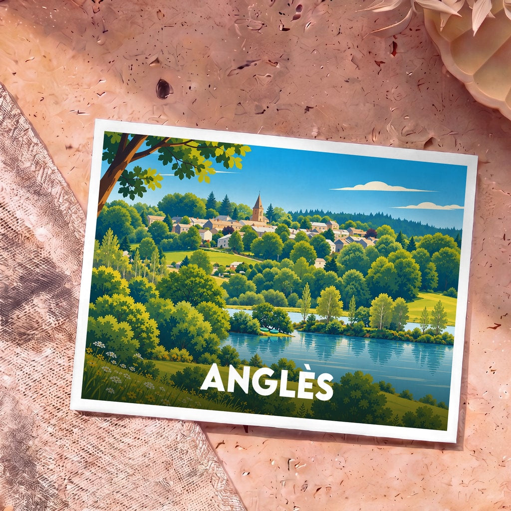 Carte postale souvenir de la ville d'Anglès avec une illustration stylisée d'un village surplombant un lac.