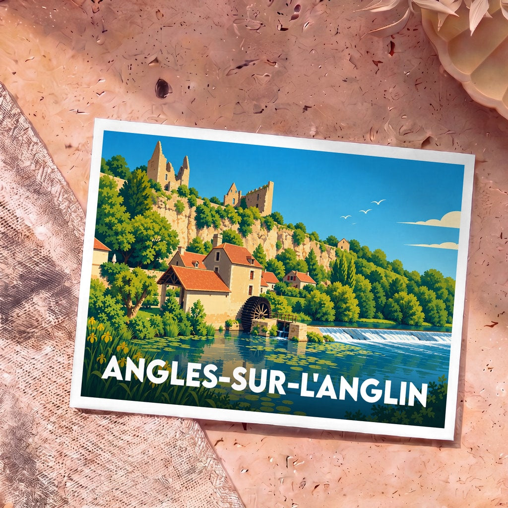 Carte postale souvenir de la ville d'Angles-sur-l'Anglin avec une illustration colorée représentant son château médiéval et son moulin au bord de l'eau.