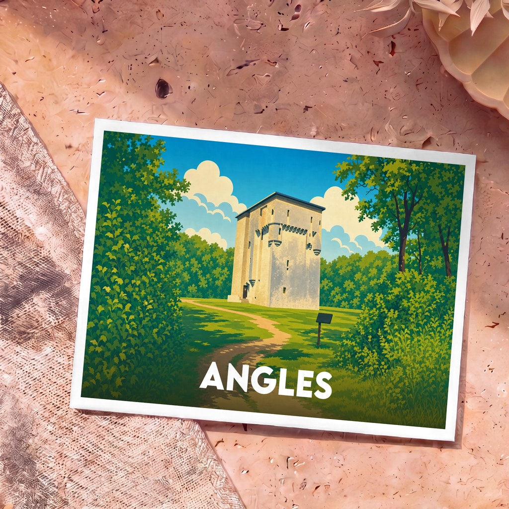 Carte postale souvenir de la ville d'Angles illustrant sa tour médiévale dans un style graphique épuré.