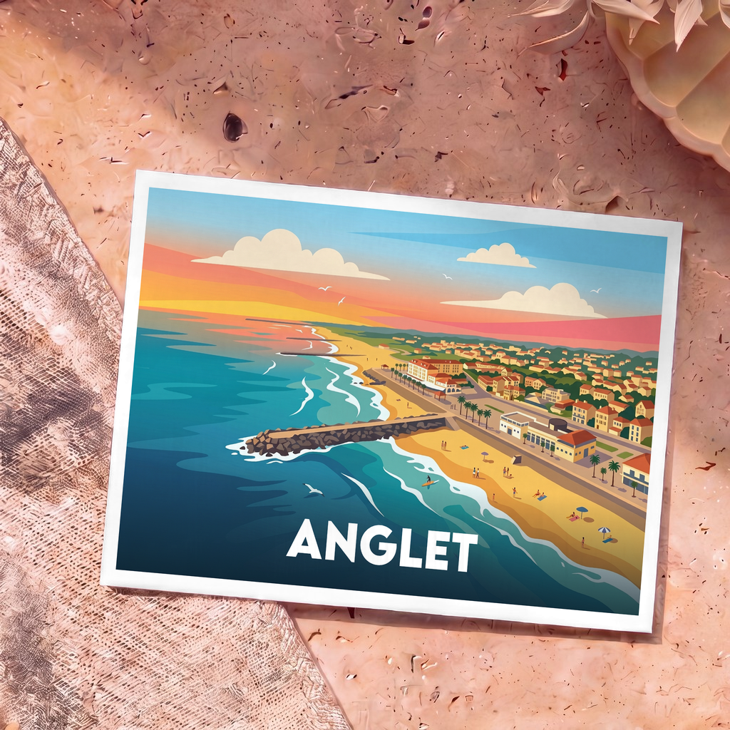 Carte postale souvenir de la ville d'Anglet avec une illustration stylisée de sa côte au coucher du soleil.