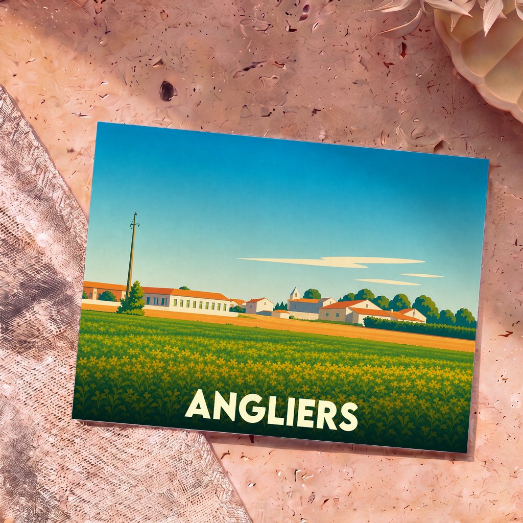 Carte postale souvenir de la ville d'Angliers avec une illustration stylisée d'un paysage rural.