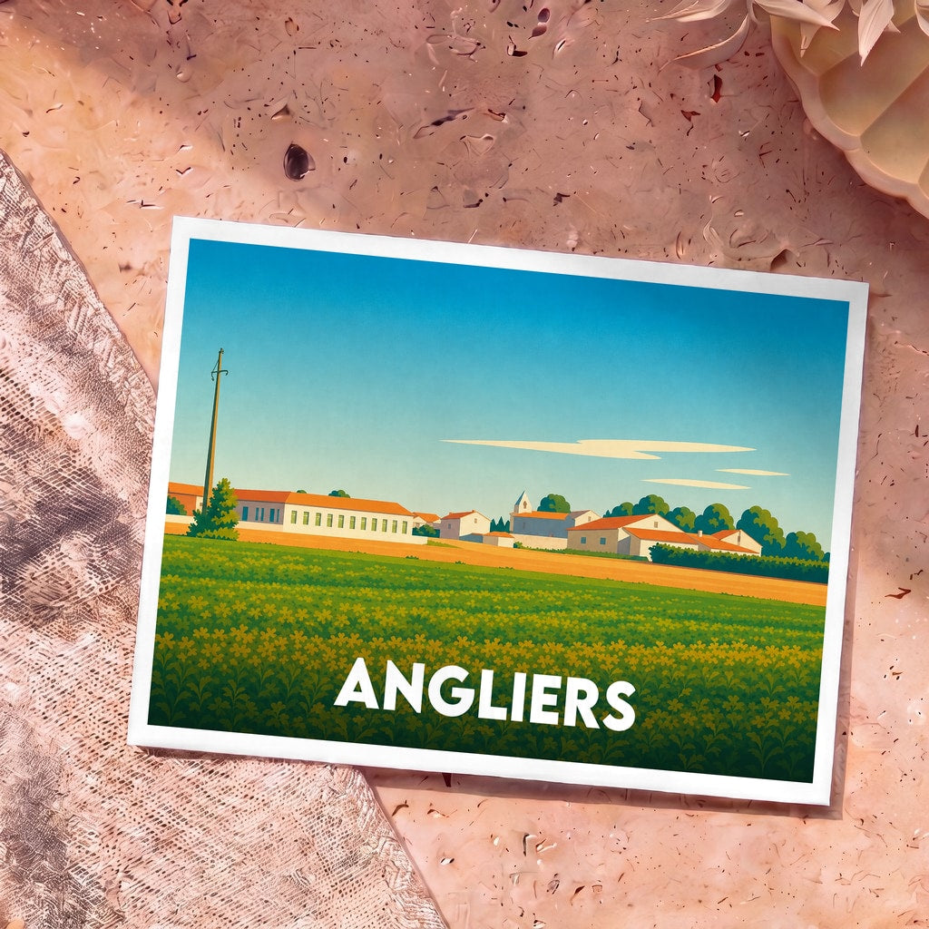 Carte postale souvenir de la ville d'Angliers avec une illustration stylisée d'un paysage rural.