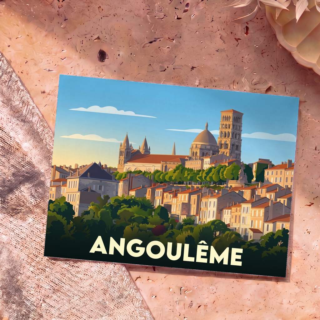 Carte postale souvenir de la ville d'Angoulême avec une illustration stylisée de sa cathédrale dominant les toits.