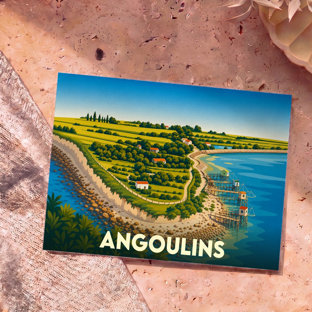 Carte postale souvenir de la ville d'Angoulins avec une illustration stylisée de son littoral et de ses carrelets.