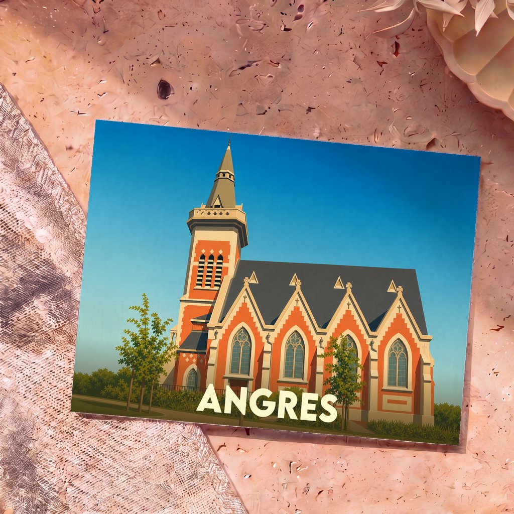 Carte postale souvenir de la ville d'Angres avec une illustration stylisée de son église.