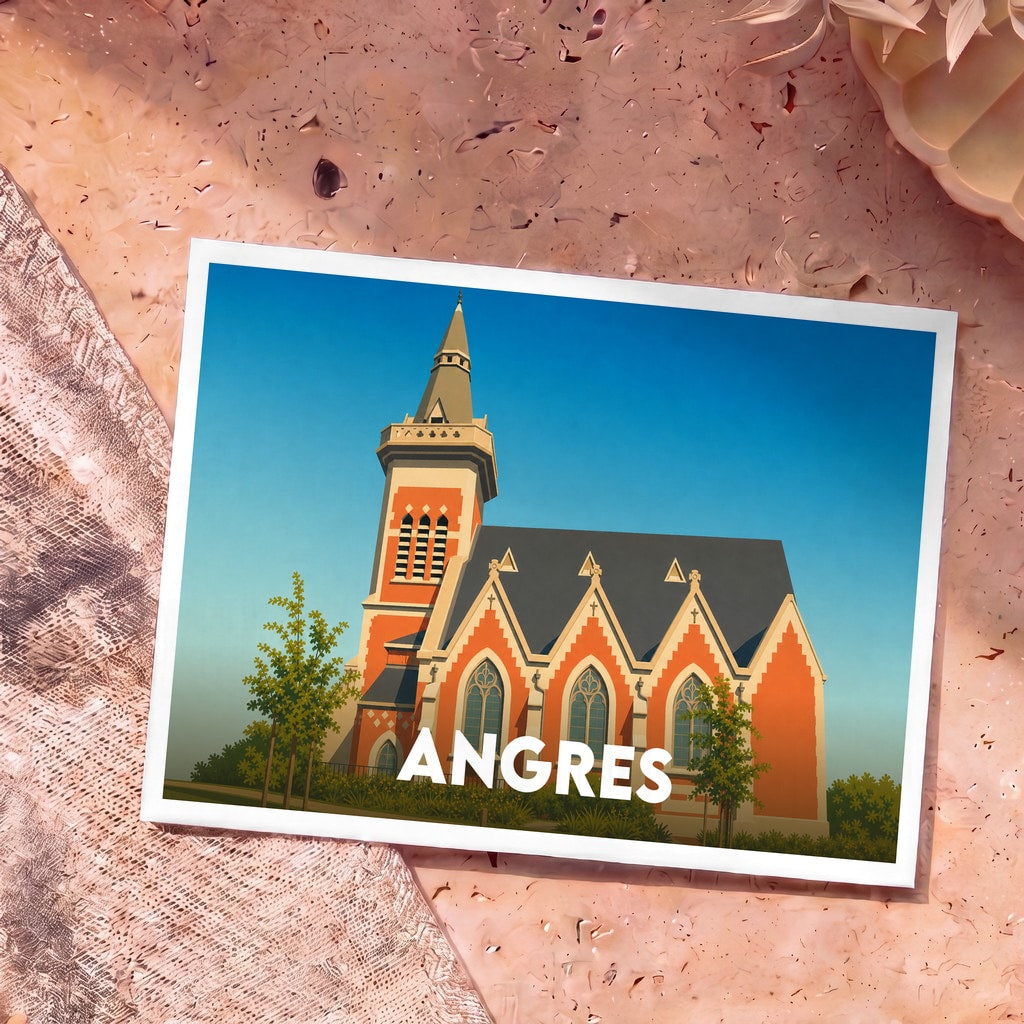 Carte postale souvenir de la ville d'Angres avec une illustration stylisée de son église.