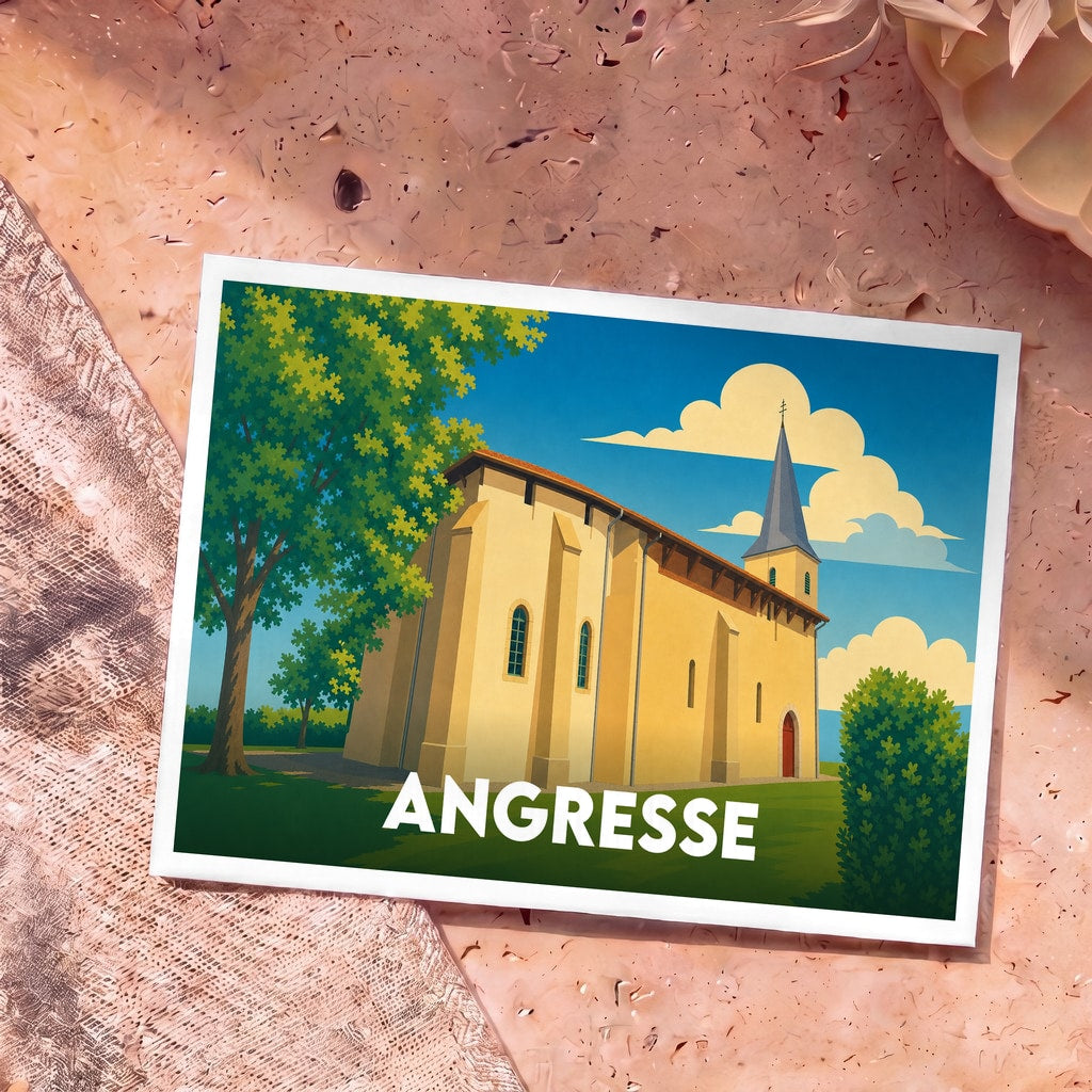 Carte postale souvenir de la ville d'Angresse avec une illustration stylisée de son église sous un ciel bleu.