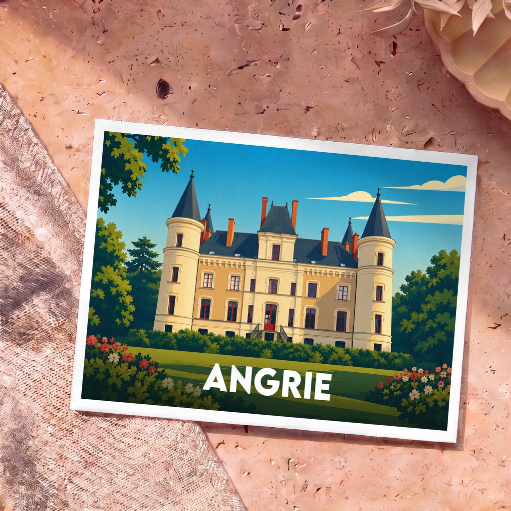 Carte postale souvenir de la ville d'Angrie avec une illustration stylisée d'un château entouré de verdure.
