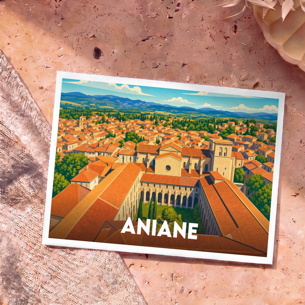 Carte postale souvenir de la ville d'Aniane avec une illustration stylisée montrant une vue aérienne de l'abbaye et des toits du village.
