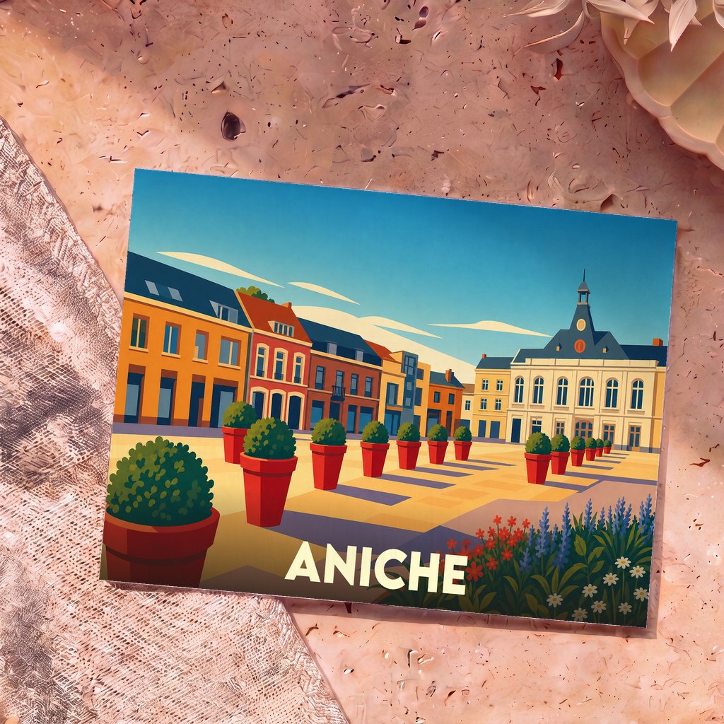 Carte postale souvenir de la ville d'Aniche avec une illustration stylisée et colorée de sa place principale.