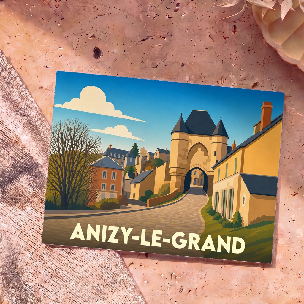 Carte postale souvenir de la ville de Anizy-le-Grand avec une illustration stylisée.