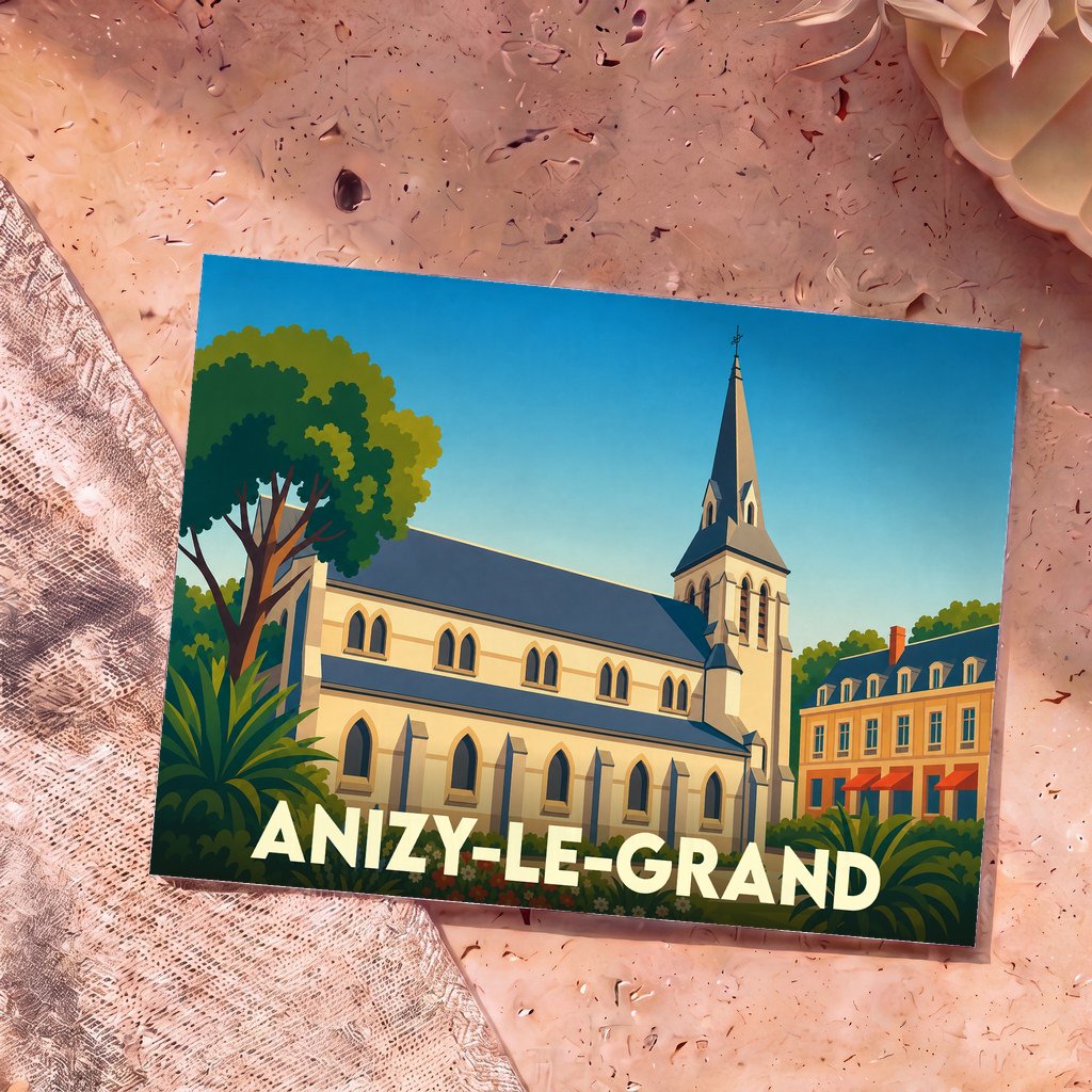 Carte postale souvenir de la ville d'Anizy-le-Grand illustrée par un dessin stylisé de son église.