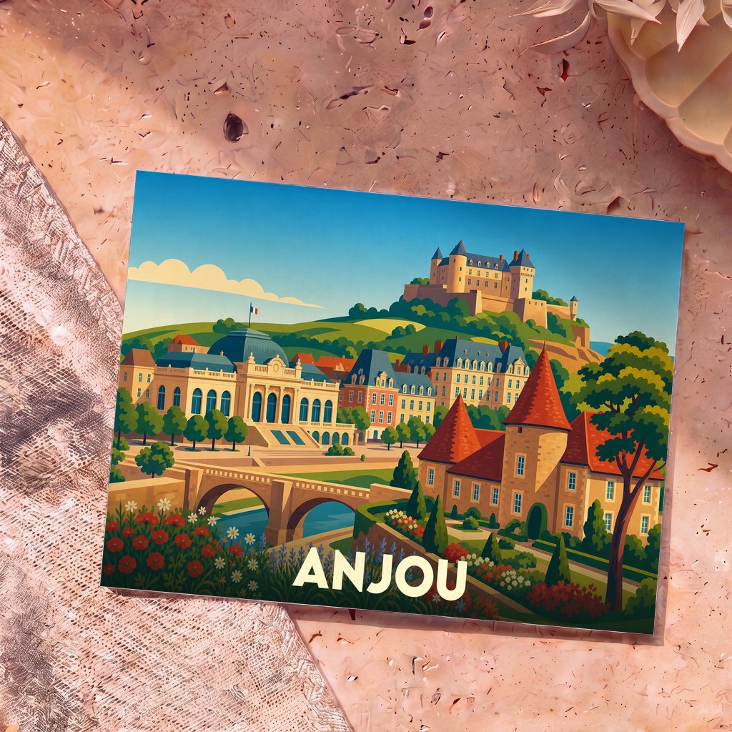 Carte postale souvenir de la ville d'Anjou avec une illustration stylisée montrant son château et ses monuments historiques.