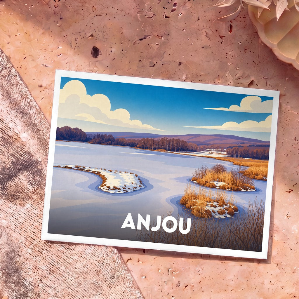 Carte postale souvenir de la ville d'Anjou avec une illustration stylisée d'un paysage hivernal au bord de l'eau.