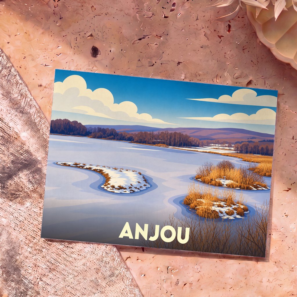 Carte postale souvenir de la ville d'Anjou avec une illustration stylisée d'un paysage hivernal au bord de l'eau.
