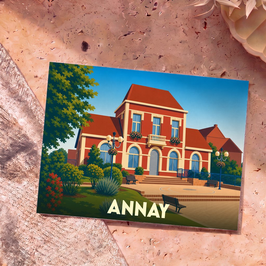 Carte postale souvenir de la ville d'Annay avec une illustration stylisée de son hôtel de ville.