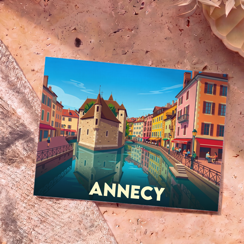 Carte postale souvenir de la ville d'Annecy illustrant le Palais de l'Isle et les canaux dans un style graphique épuré.
