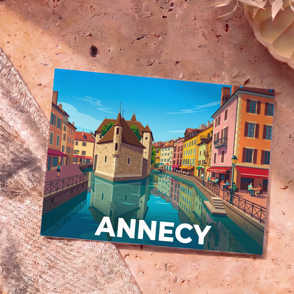 Carte postale souvenir de la ville d'Annecy illustrant le Palais de l'Isle et les canaux dans un style graphique épuré.