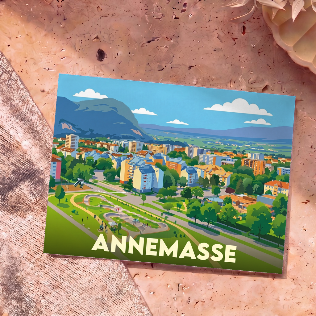 Carte postale souvenir de la ville d'Annemasse avec une illustration stylisée représentant un parc urbain au pied des montagnes.