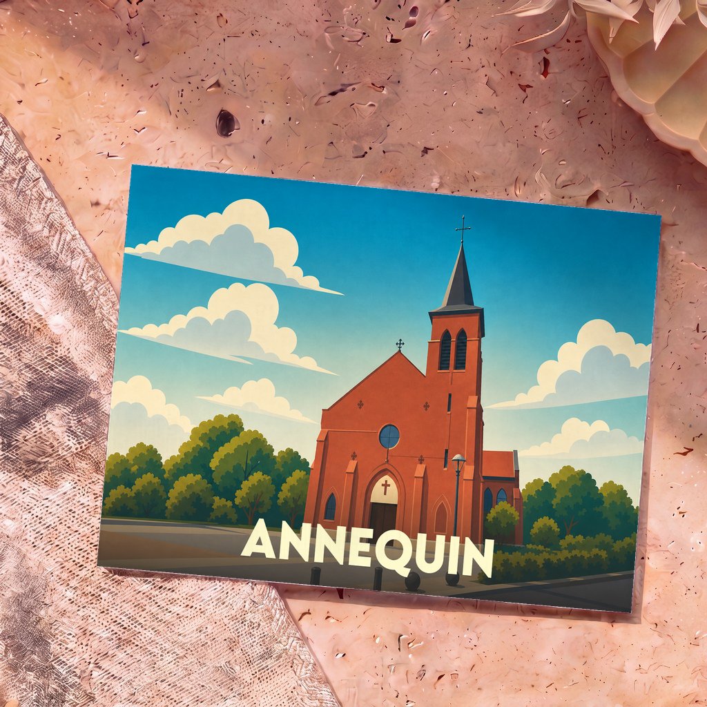 Carte postale souvenir de la ville d'Annequin avec une illustration stylisée de son église.