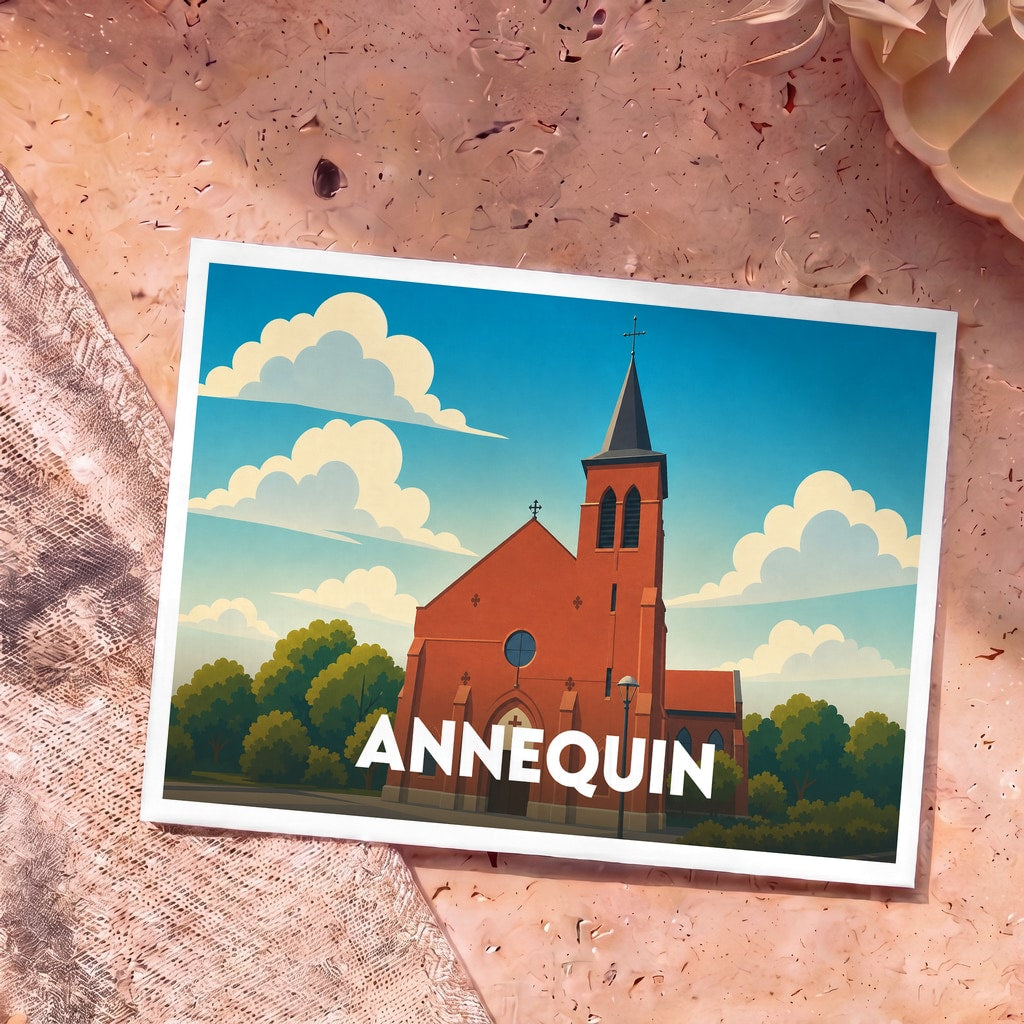 Carte postale souvenir de la ville d'Annequin avec une illustration stylisée de son église.